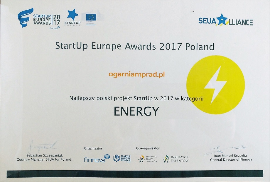 Ogarniamprad.pl zwycięzcą konkursu StartUp Europe Awards 2017 w kategorii Energia